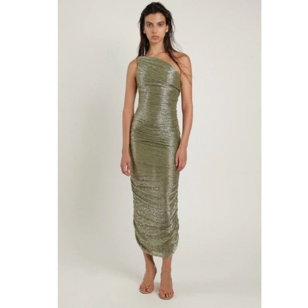 Sabina Musayev Melissa Green Metallic Ruched One Shoulder Maxi Dress